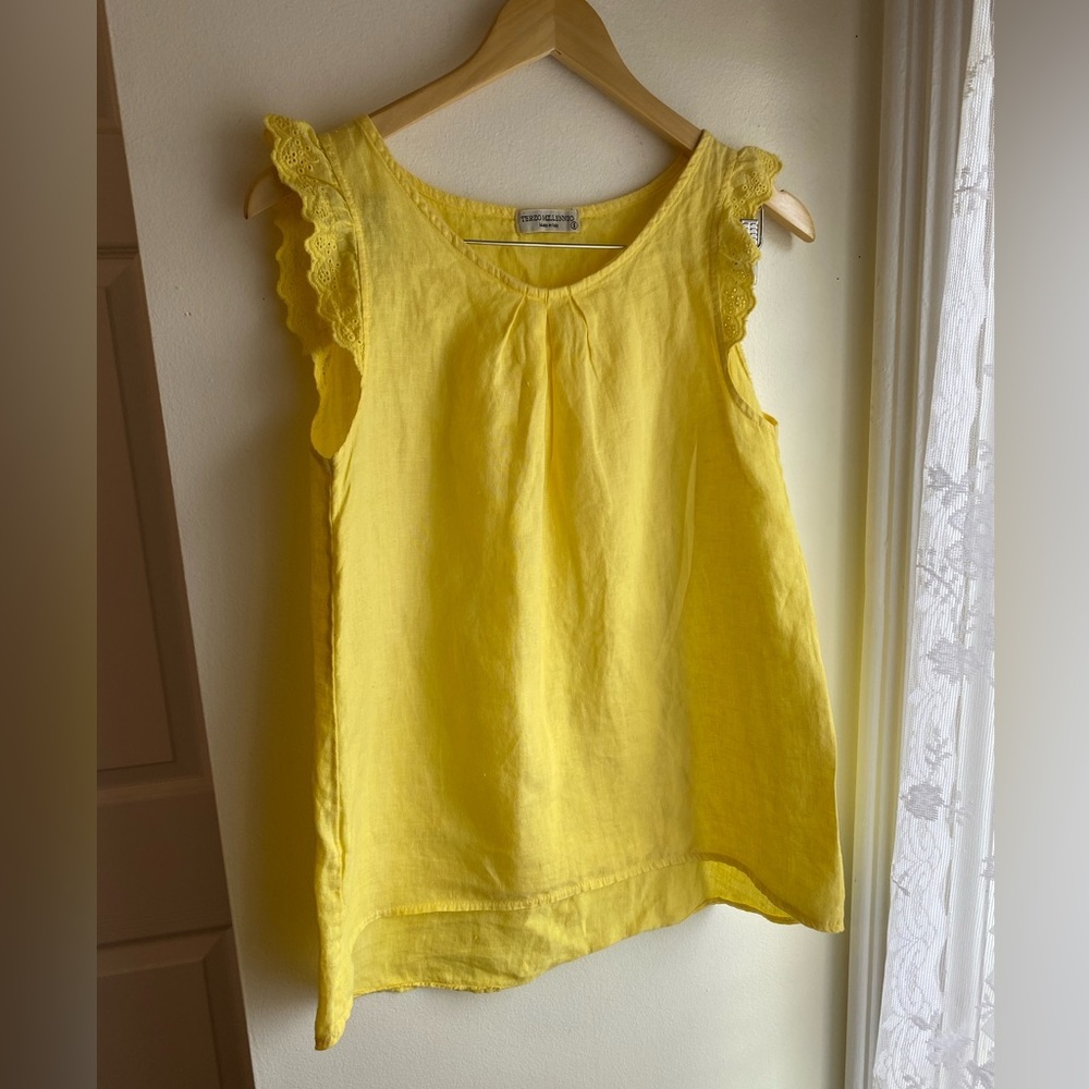 Bright Yellow Linen Sleeveless Blouse with Lace Cap Sleeves